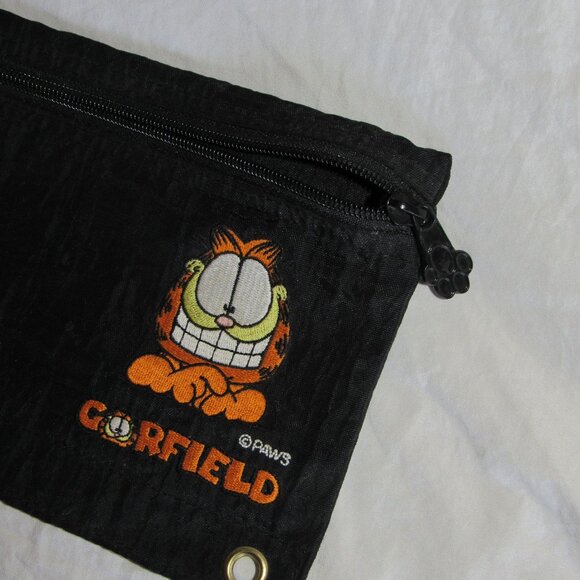Garfield Fabric Pencil Bag Mead Corp Paws Embroidered Smiley Face Three Ring - Picture 3 of 3